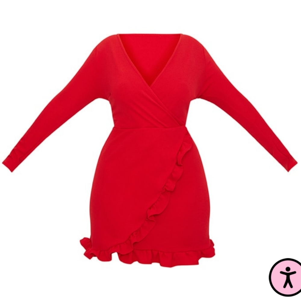 NWT Pretty Little Thing Red Ruffle Detail Wrap dress Size 14